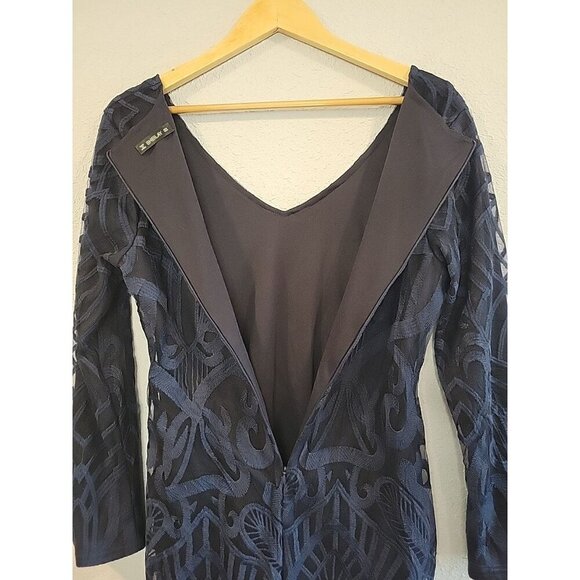 Sheilay Womens Navy Blue Embroidered Long‎ Sleeve V Neck Bodycon Dress Sz M - Picture 6 of 6